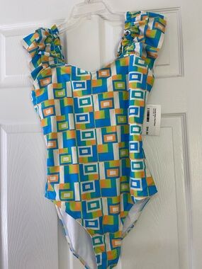 DAVI & DANI Blue Geo-Print Ruffle Strap One-Piece Swimsuit